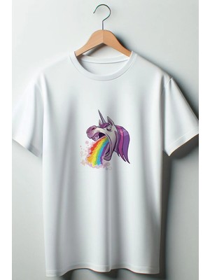  Unicorn ve Gökkuşağı Baskılı Coquette 2024 Modası Beyaz Oversize Kalıp Bisiklet Yaka Tshirt