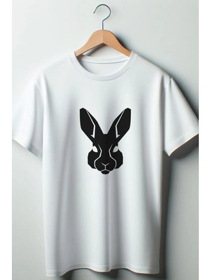  Tavşan Baskılı Oversize Geniş Kalıp Unisex Bisiklet Yaka Beyaz Tshirt