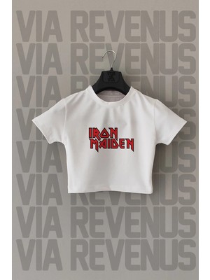  Iron Maiden Baskılı Dar Kalıp Bisiklet Yaka Likralı Beyaz Crop