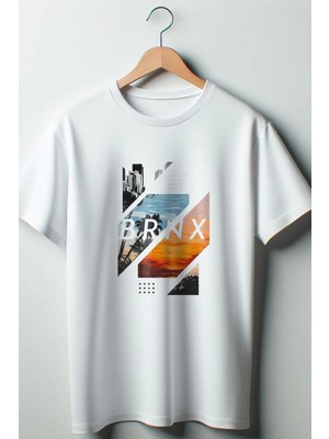  Brnx Baskılı Oversize Geniş Kalıp Unisex Bisiklet Yaka Beyaz Tshirt