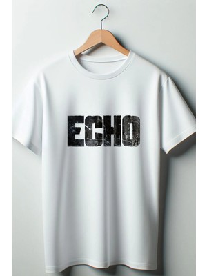  Echo Baskılı Oversize Geniş Kalıp Unisex Bisiklet Yaka Beyaz Tshirt