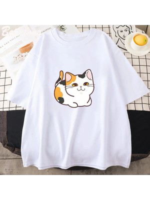 Beyaz Kawaii Patiska Kedi Baskılı Estetik Sevimli Karikatür Grafik