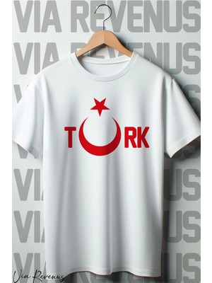  Türk - Ay Yıldız Baskılı Oversize Geniş Kalıp Bisiklet Yaka Tshirt