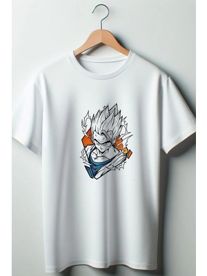  Dragonball Baskılı Oversize Geniş Kalıp Unisex Bisiklet Yaka Beyaz Tshirt