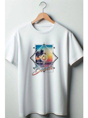  Palmiye Baskılı Oversize Geniş Kalıp Unisex Bisiklet Yaka Beyaz Tshirt
