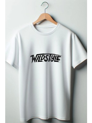  Wildstyle Yazı Baskılı Oversize Geniş Kalıp Unisex Bisiklet Yaka Beyaz Tshirt