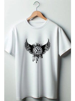  Voleybol Baskılı Oversize Geniş Kalıp Unisex Bisiklet Yaka Beyaz Tshirt