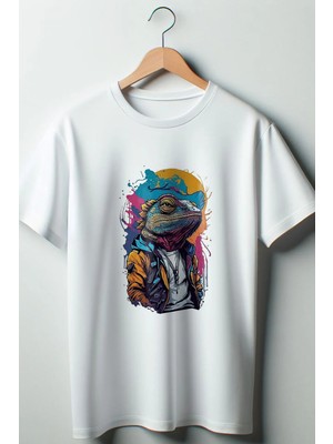 Bukalemun Baskılı Oversize Geniş Kalıp Unisex Bisiklet Yaka Beyaz Tshirt
