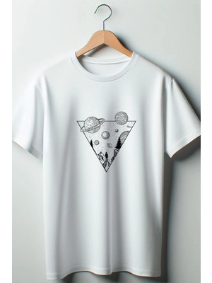  Uzay Baskılı Oversize Geniş Kalıp Unisex Bisiklet Yaka Beyaz Tshirt