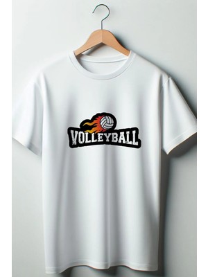  Voleybol Baskılı Oversize Geniş Kalıp Unisex Bisiklet Yaka Beyaz Tshirt
