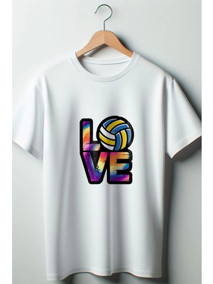  Voleybol Baskılı Oversize Geniş Kalıp Unisex Bisiklet Yaka Beyaz Tshirt