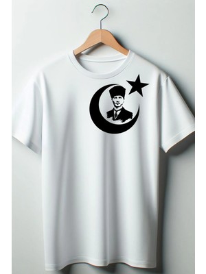 Atatürk ve Türkiye Bayrağı Baskılı Beyaz Oversize Bisiklet Yaka Tshirt