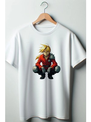  Full Metal Alchemist Baskılı Oversize Geniş Kalıp Unisex Bisiklet Yaka Beyaz Tshirt
