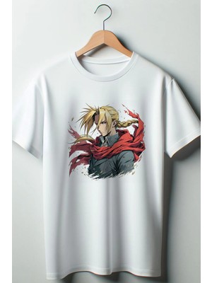  Full Metal Alchemist Baskılı Oversize Geniş Kalıp Unisex Bisiklet Yaka Beyaz Tshirt