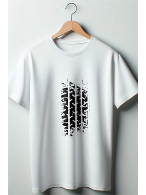  Tekerlek Izi Baskılı Oversize Geniş Kalıp Unisex Bisiklet Yaka Beyaz Tshirt