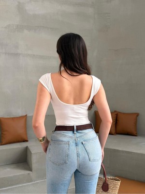 EVOA Sırt Dekolteli Kayık Yaka Bluz S - Beyaz