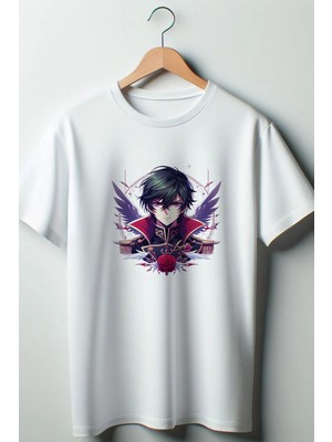  Code Geass Baskılı Oversize Geniş Kalıp Unisex Bisiklet Yaka Beyaz Tshirt