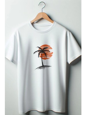  Palmiye Baskılı Oversize Geniş Kalıp Unisex Bisiklet Yaka Beyaz Tshirt