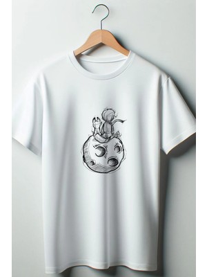  Küçük Prens Baskılı Oversize Geniş Kalıp Unisex Bisiklet Yaka Beyaz Tshirt