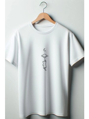  Kedi Baskılı Oversize Geniş Kalıp Unisex Bisiklet Yaka Beyaz Tshirt