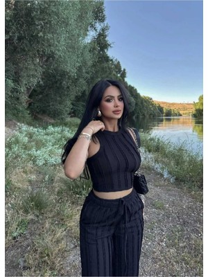 EVOA Halter Yaka Crop ve Fırfırlı Gagari Pantolon Takım L - Siyah