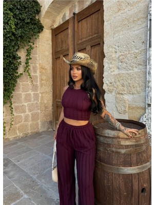 EVOA Halter Yaka Crop ve Fırfırlı Gagari Pantolon Takım L - Bordo