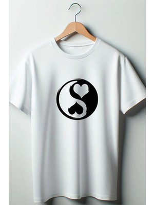  Yin Yang Kalp Baskılı Oversize Geniş Kalıp Unisex Bisiklet Yaka Beyaz Tshirt