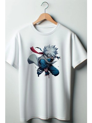  Kakashi Hatake Baskılı Oversize Geniş Kalıp Unisex Bisiklet Yaka Beyaz Tshirt