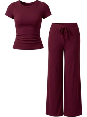EVOA Bisiklet Yaka Bluz ve Bol Paça Pantolon Takım M - Bordo