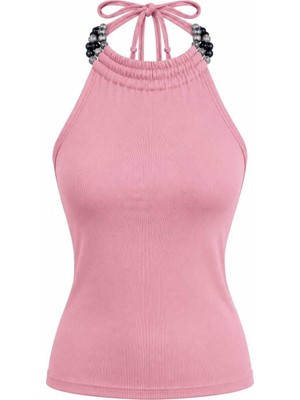 EVOA Boncuk Detaylı Sırt Dekolteli Bluz S - Pembe
