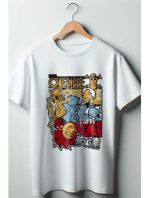  One Piece Baskılı Oversize Geniş Kalıp Unisex Bisiklet Yaka Beyaz Tshirt
