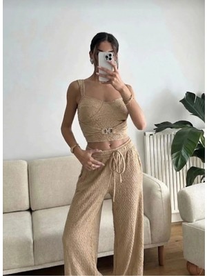 EVOA Toka Detaylı Büstiyer Crop ve Pantolon Takım S - Bej