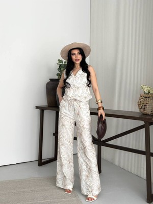 EVOA Latte Desenli Yelek Pantolon Takım S - Beyaz