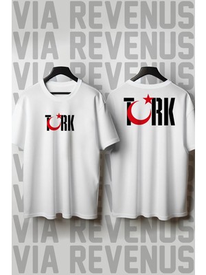  Türk Ön ve Arka Baskılı Bisiklet Yaka Geniş Kalıp Unisex Tshirt