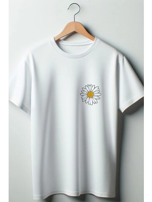  Papatya Baskılı Oversize Geniş Kalıp Unisex Bisiklet Yaka Beyaz Tshirt