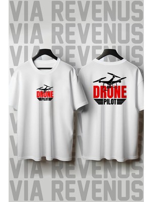  Drone Pilot Ön ve Arka Baskılı Bisiklet Yaka Geniş Kalıp Unisex Tshirt