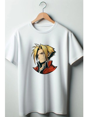  Full Metal Alchemist Baskılı Oversize Geniş Kalıp Unisex Bisiklet Yaka Beyaz Tshirt