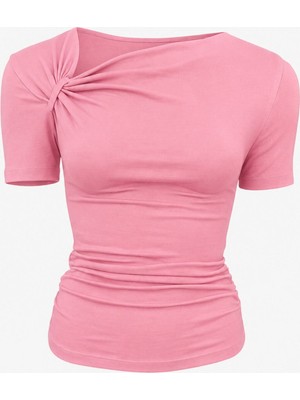 EVOA Asimetrik Yaka Drape ve Büzgü Detaylı Bluz S - Pembe