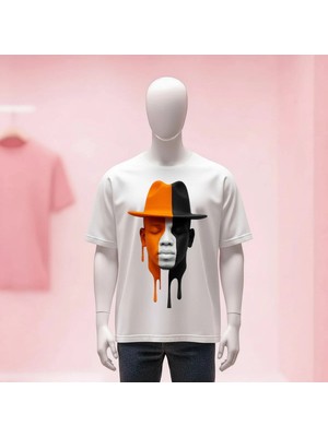  Baskılı Bisiklet Yaka Geniş Kalıp Unisex Tshirt