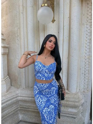 EVOA Çini Desenli Crop ve Yırtmaçlı Etek Takım M - Mavi