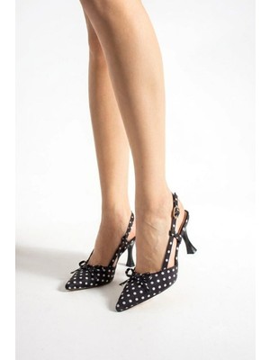 Parparastil Ece Kadın Puantiye Desenli Fiyonk Detaylı Slingback Sivri Burun 7 cm Topuklu Ayakkabı