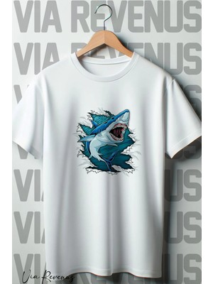  Köpek Balığı Baskılı Oversize Geniş Kalıp Bisiklet Yaka Beyaz Tshirt