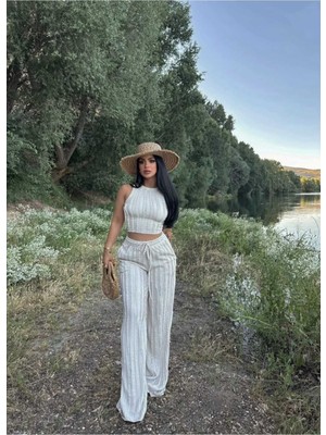 EVOA Halter Yaka Crop ve Fırfırlı Gagari Pantolon Takım M - Bej