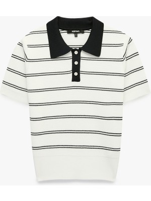 Koton Regular Fit Düğmeli Kısa Kollu Polo Yaka Çizgili Triko Tişört
