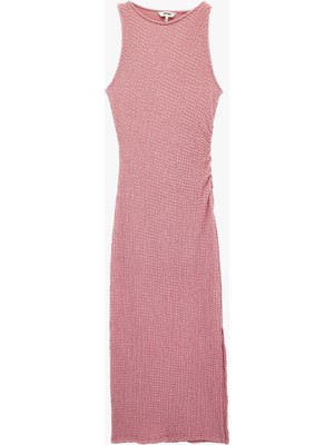 Koton Bürümcük Kumaş Dokulu Bisiklet Yaka Yırtmaçlı Kolsuz Midi Bodycon Elbise