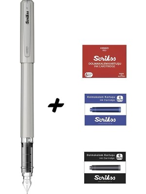 Scrikss Primeo Dolma Kalem Gri & Kırmızı - Mavi - Siyah Kartuş Set