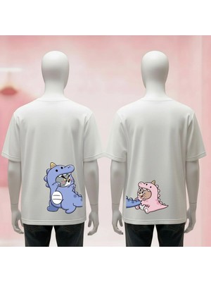  Sevgili Çift Kombini Baskılı Bisiklet Yaka Geniş Kalıp Unisex Tshirt