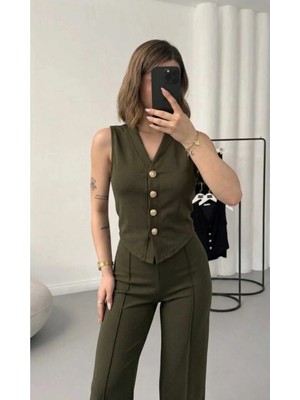 EVOA Gold Düğmeli Yelek ve Bol Paça Pantolon Takım L - Haki