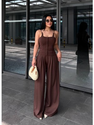 EVOA Dantel Detaylı Askılı Korse ve Bol Paça Pantolon S - Kahverengi