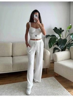 EVOA Toka Detaylı Büstiyer Crop ve Pantolon Takım M - Beyaz